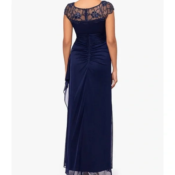XSCAPE NWT Beaded Cap Sleeve Round Neck Ruched Cascade Ruffle Side Gown (PLUM) - Picture 4 of 12
